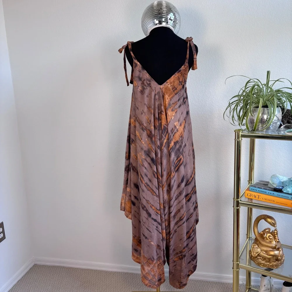 Chantique Hawaii Tie Dye Harem Jumpsuit Brown Rust Rayon One Size Boho Pockets - Picture 14 of 16